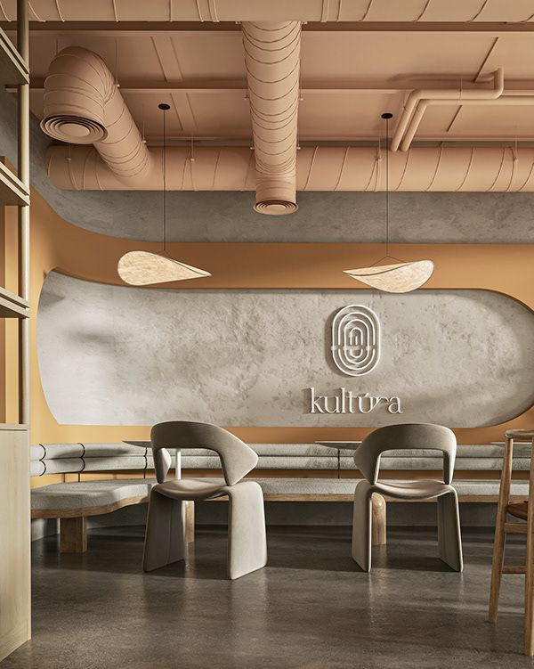 the interior of a restaurant with chairs and a surfboard on the wall