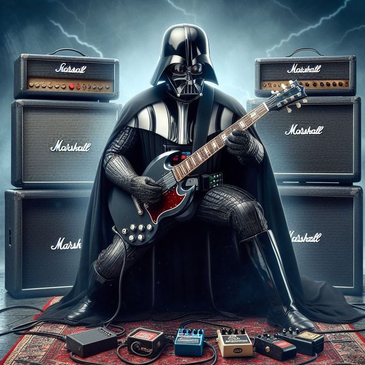 darth vader with guitar and amps in front of him on the carpet