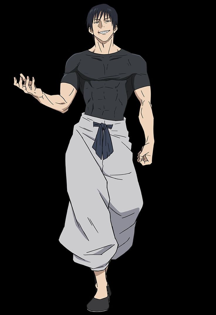 an anime character in grey pants and black shirt with his hand out to the side