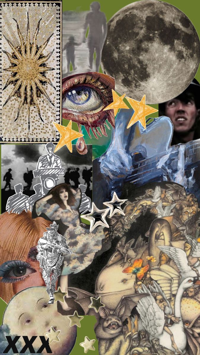 the collage has many different images and symbols on it, including an image of a woman's face