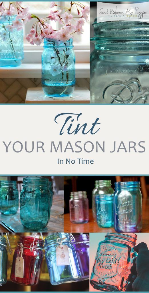 mason jars filled with pink flowers and blue glass jars are featured in this collage