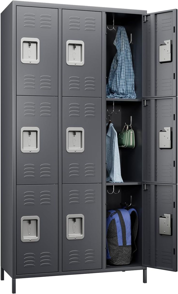 the locker is empty and has several compartments for coats, backpacks, and other items