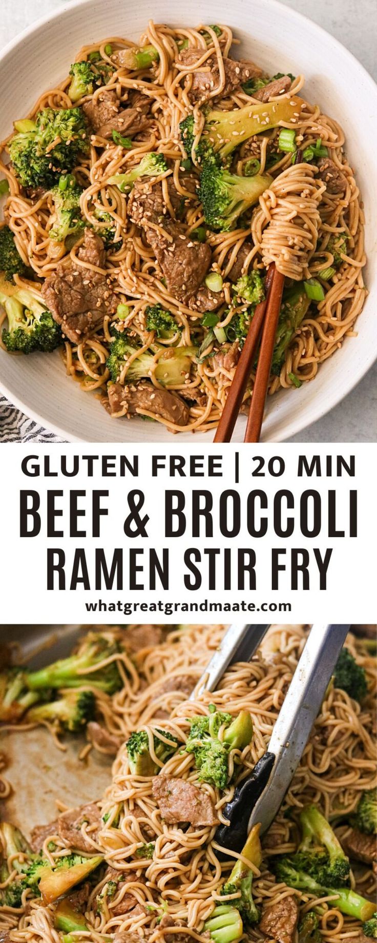 broccoli and beef stir fry in a white bowl with chopsticks on the side