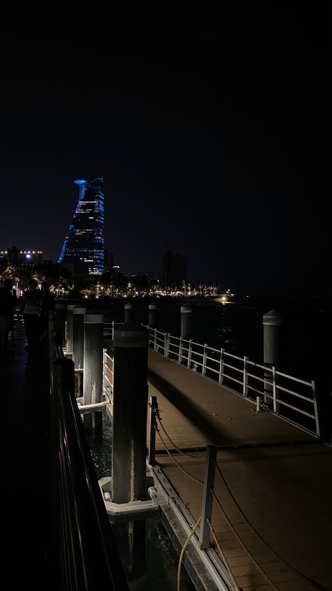 the city lights shine brightly in the dark night sky over the water and dock area