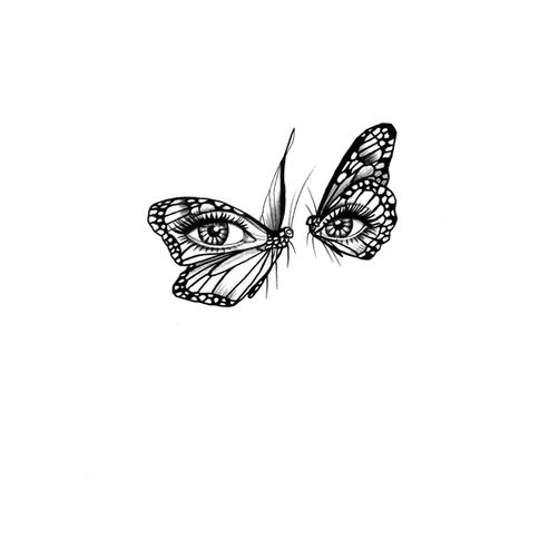 a black and white drawing of a butterfly with its wings spread out to the side