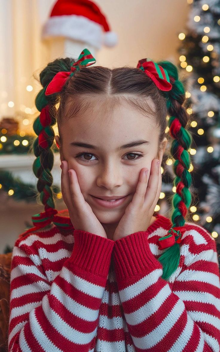 Girl with festive red and green braided pigtails decorated with holiday ribbons. Christmas Hair Ideas For Kids, Holiday Hairstyles For Kids, Hairstyles For Women Braids, Easy Crazy Hairstyles, Hair Ideas For Kids, Christmas Hair Ideas, Whoville Hair, Holiday Hairstyles Easy, Holiday Party Hair