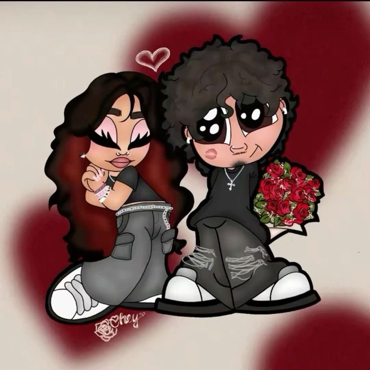 two cartoon characters sitting next to each other with roses in their hands and one holding a bouquet