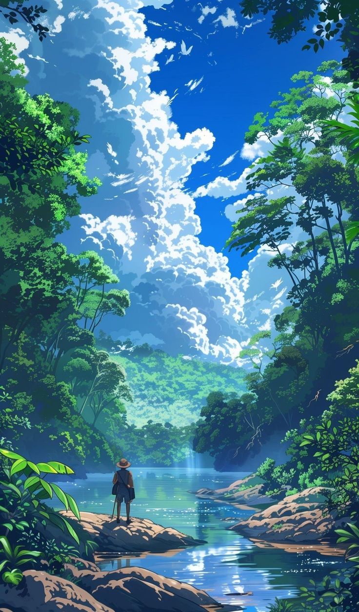 a man standing on top of a lush green forest next to a river under a cloudy blue sky