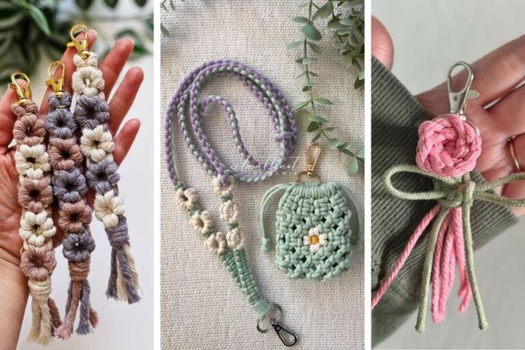 crochet keychains and purses are shown in three different pictures