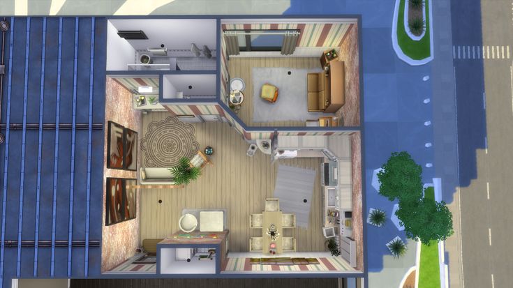 an aerial view of a house with the bedroom and living room