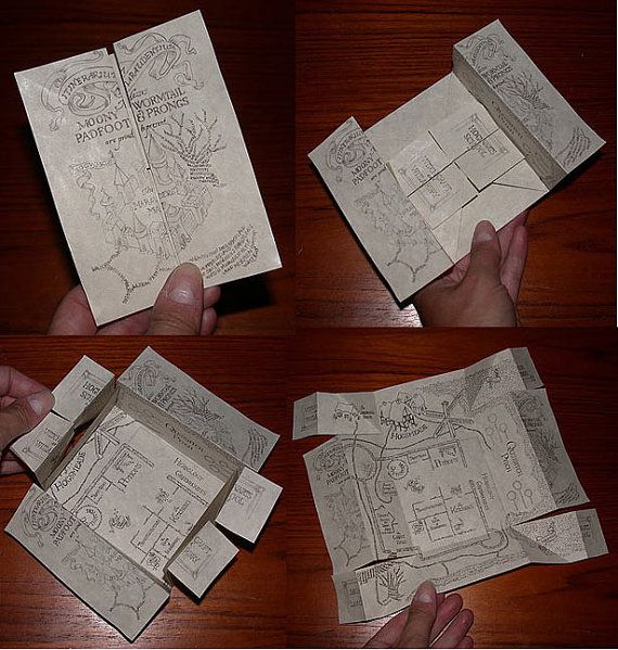 four different views of the same piece of paper, with hands holding them open and folded