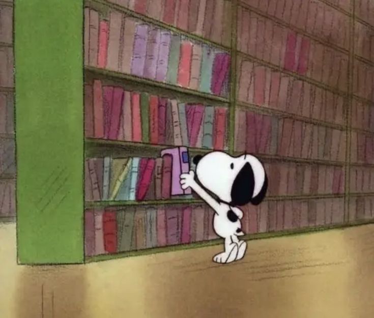 a cartoon dog is standing in front of a bookshelf