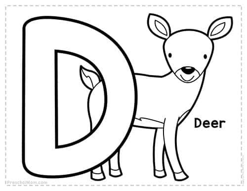 the letter d is for deer coloring page with an image of a deer and its name