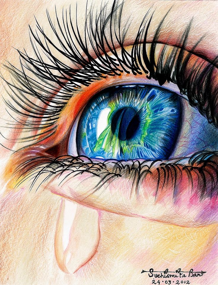 an eye with colored pencils on the iris's blue and green eyeshade