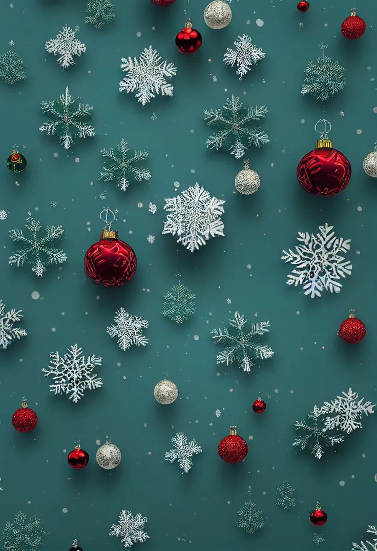 christmas ornaments and snowflakes on a blue background