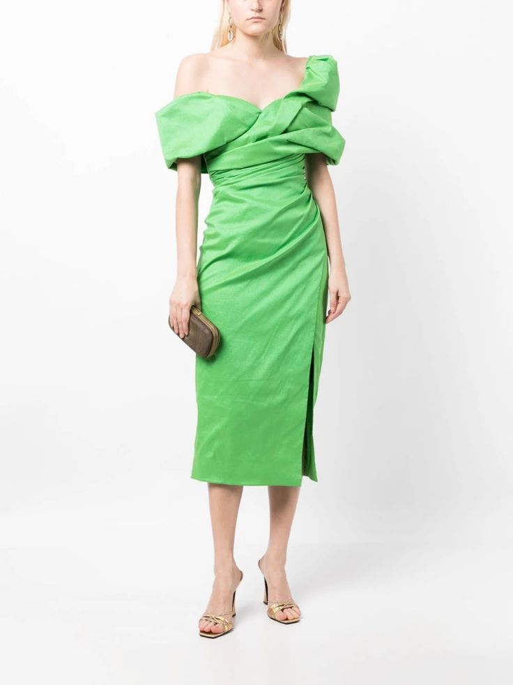 Rachel Gilbert Gia Ruched Midi Dress - Farfetch Moh Dress, Bohemian Wedding Guest, Midi Dress Green, Rachel Gilbert, The Rachel, Ruched Midi Dress, Yoko London, City Dress, Ruched Bodice