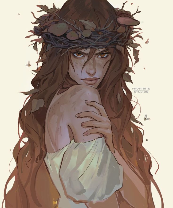 a drawing of a woman with long hair wearing a crown of leaves on her head