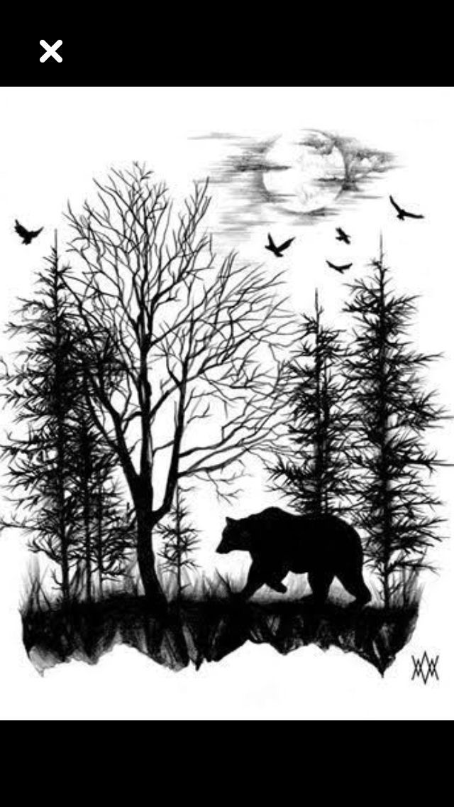 a bear is walking through the woods in front of trees and birds, with a full moon