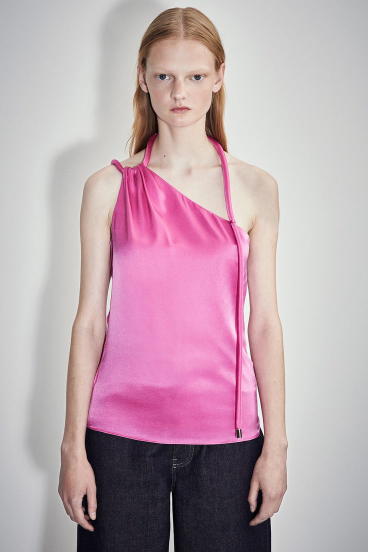 Slip on an artistic piece that’s part of a collection of perfected fits and elevated designs. Exquisitely crafted in decadent luxury, this pure silk statement piece echoes a sensually charged mystique. Showcased in our custom palettes of unabashed vibrant outbursts, this delectable delight features an asymmetrical neck trim and gathering accents at the shoulders. Silk Tops, Et Ochs, Fashion Sketchbook, Rayon Dress, Basic Dress, Swim Cover, Bubble Gum, Pure Silk, Gowns Dresses