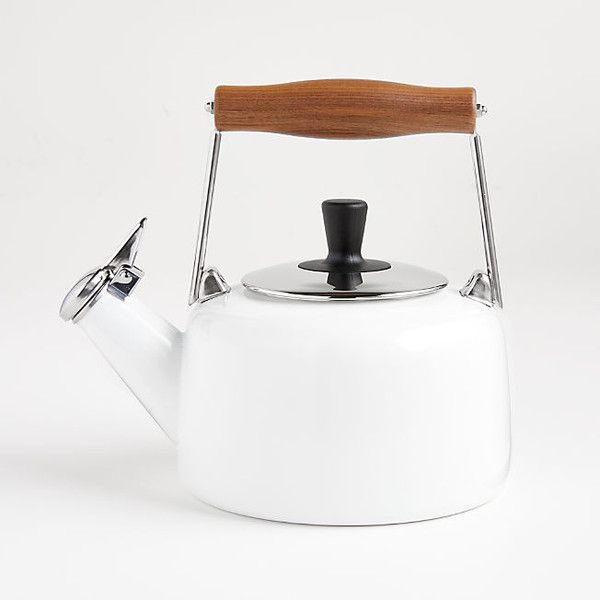 a white tea kettle with a wooden handle on a white background, showing the top part of the teapot