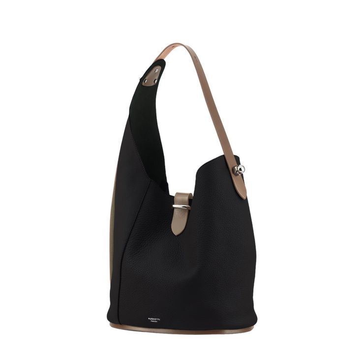 Medium sized asymmetric bucket bag. Made of soft tumbled calfskin, unlined interior, leather shoulder strap and finely polished nautical steel metals. The leather closure allows it to be opened from both sides. The rigid bottom allows you to easily find what you are looking for. It can be worn on the shoulder or cross-body, in both solutions, adhering well to the body, hinders theft attempts.  Made in Italy Soft tumbled calfskin Modern Bags With Epsom Leather And Leather Trim, Modern Epsom Leather Bag With Leather Trim, Modern Shoulder Bag With Leather Trim, Modern Calf Leather Bucket Bag, Designer Bucket Hobo Bag With Leather Handles, Evening Bucket Bag With Leather Handles, Chic Calf Leather Bucket Hobo Bag, Modern Leather Hobo Bag In Bucket Shape, Modern Leather Bucket-shaped Hobo Bag