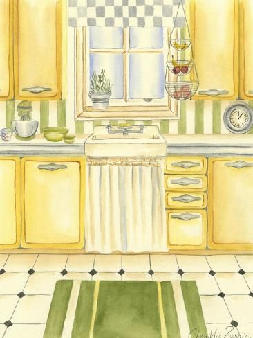 a drawing of a kitchen with yellow cabinets and white tile flooring on the walls