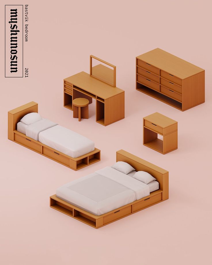 an assortment of furniture including a bed, desk and nightstands on a pink background