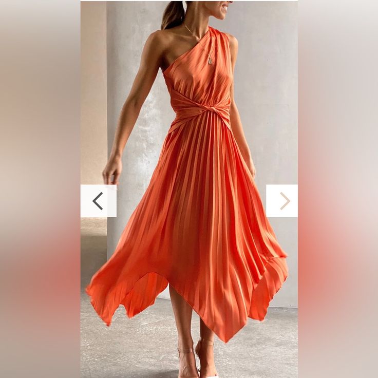 Never Worn, Too Small. Ordered Size L, Snug Around Bust (36d). One-shoulder Pleated Dress For Brunch, Spring Cocktail Maxi Dress With Ruched Details, Orange Pleated Party Dress, Pleated Orange Party Dress, Chic Orange Pleated Midi Dress, Fitted Orange Pleated Midi Dress, Elegant Orange Ruched Midi Dress, Summer Orange Pleated Midi Dress, Orange Pleated Sleeveless Midi Dress