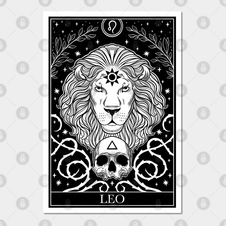 the leo zodiac sign with a lion's head and two skulls in front of it