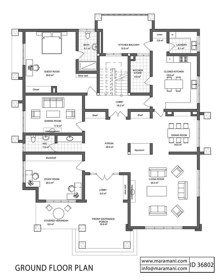 the ground plan for a house with two floors and three bedroom, one living area