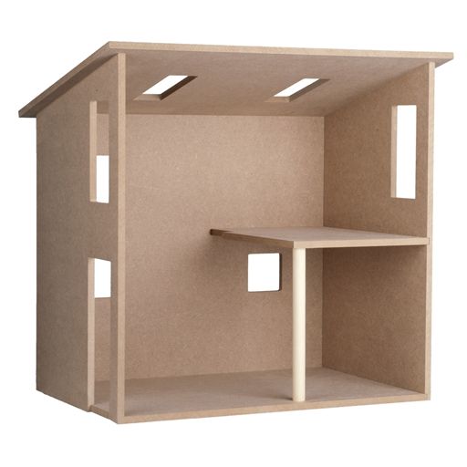 a cardboard doll house with two windows and one door open on an isolated white background