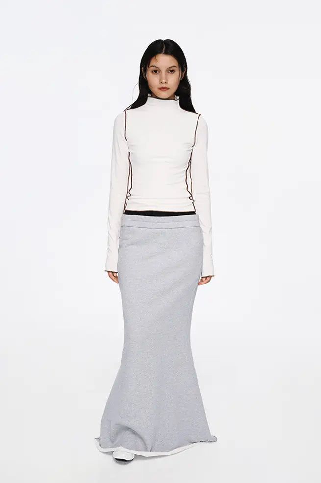 French Terry Fleece Lined Low Waist Maxi Skirt Fibflx Chic Fitted Ribbed Skirt, White Stretch Skirt For Winter, Spring Ribbed Stretch Skirt, Spring Stretch Ribbed Skirt, Spring Ribbed Skirt For Workwear, Spring Workwear Ribbed Skirt, Fitted Ribbed Bottoms For Spring, Ribbed Fitted Bottoms For Spring, Spring Ribbed Workwear Skirt