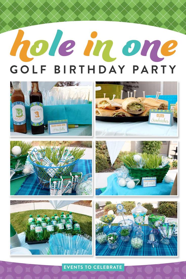 an advertisement for a golf birthday party with pictures of drinks and snacks on the table