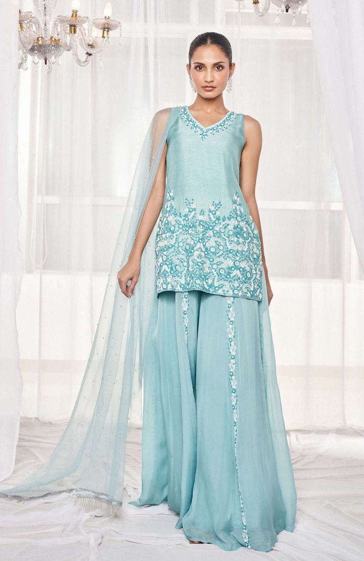 Disha Muchhala-Candy Blue Kurta And Flared Pant Set-INDIASPOPUP.COM Sky Blue Kurti Design, Pearls Embroidery, Editors Note, Blue Kurta, Sequin Embroidery, Blue Embroidery, Lehenga Designs, Anarkali Dress, Kurta With Pants