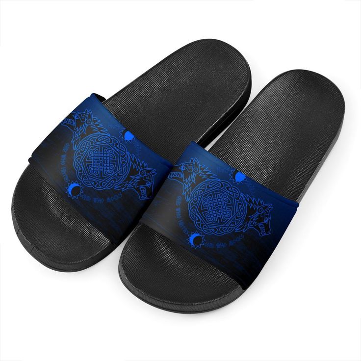 Viking Slide Sandals Skoll And Hati BlueAll of our Slide Sandals are custom-made-to-order and handcrafted to the highest quality standards. Add style to your footwear collection with these fashionable and comfortable slide sandals. Perfect for use at the beach, pool, gym or relaxing around the home on a casual day. Constructed with a high-quality and light-weight EVA sole for comfort and durability. Features an easy slip-on design with open-toe construction. Skoll And Hati, Footwear Collection, Eva Sole, Beach Pool, Slide Sandals, At The Beach, Vikings, Open Toe, The Beach