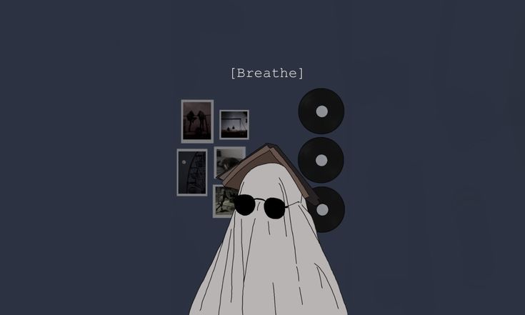 a cartoon ghost with sunglasses and headphones in front of record records on a wall