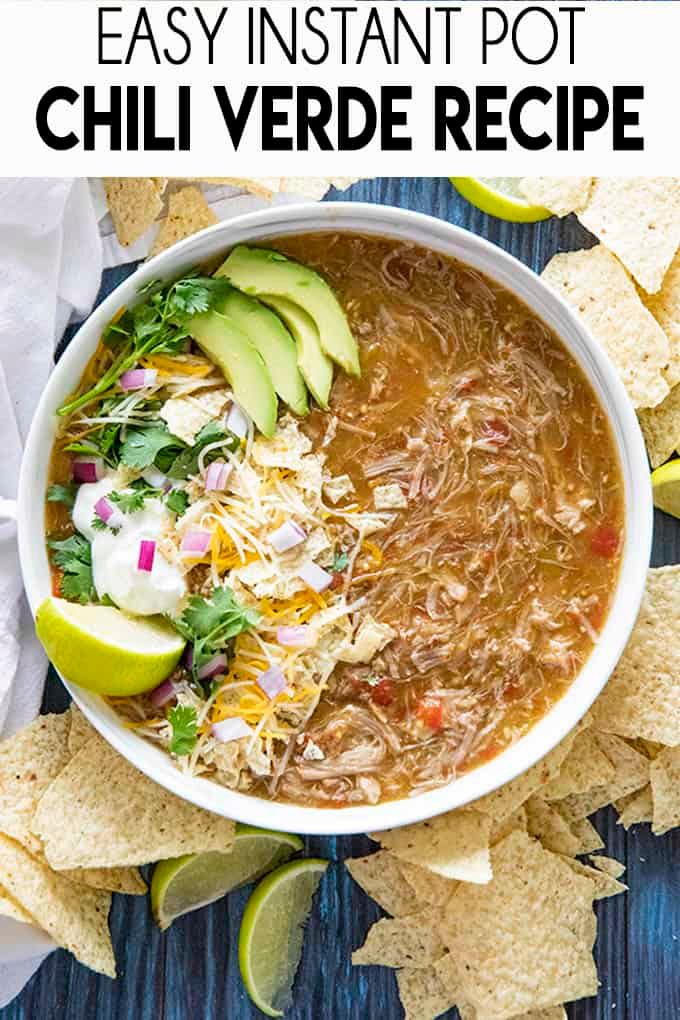 an easy instant pot chili recipe with tortilla chips and avocado