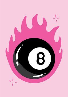 a pink and black pool ball with the number eight in it's center surrounded by flames