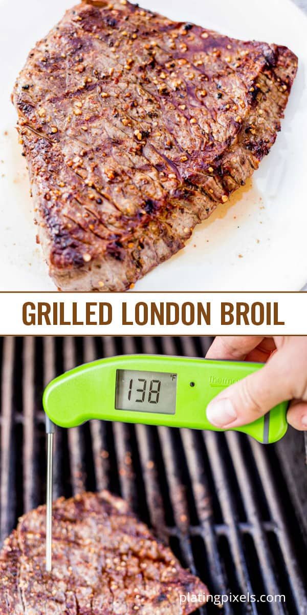 grilled london broil is being cooked on the grill with an electronic thermometer