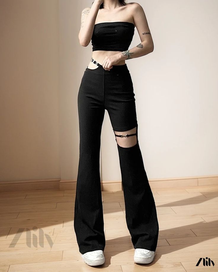 Zlily - Solid Color Sexy Hollow Out Slim Fit Casual Pants Edgy Full Length Pants For Spring, Edgy Non-stretch Mid-rise Pants, Edgy Non-stretch Full Length Pants, Edgy Mid-rise Non-stretch Pants, Edgy Full-length Bottoms For Spring, Edgy Wide Leg Jeans For Night Out, Edgy High Waist Wide Leg Pants For Night Out, Edgy Full-length Bottoms For Night Out, Party Wide Leg Stretch Jeans