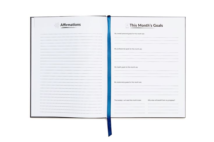 an open notebook with the words, the month's goals written in blue on it