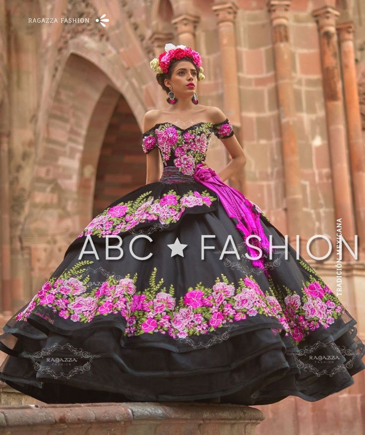 Floral Charro Quinceanera Dress by Ragazza Fashion MV15-115-Quinceanera Dresses-ABC Fashion Charro Dress, Charro Quince, Mexican Quinceanera, Floral Ball Gown, Mexican Quinceanera Dresses, Charro Quinceanera Dresses, Beautiful Ball Gowns, Sweet 15 Dresses, Quinceñera Dresses