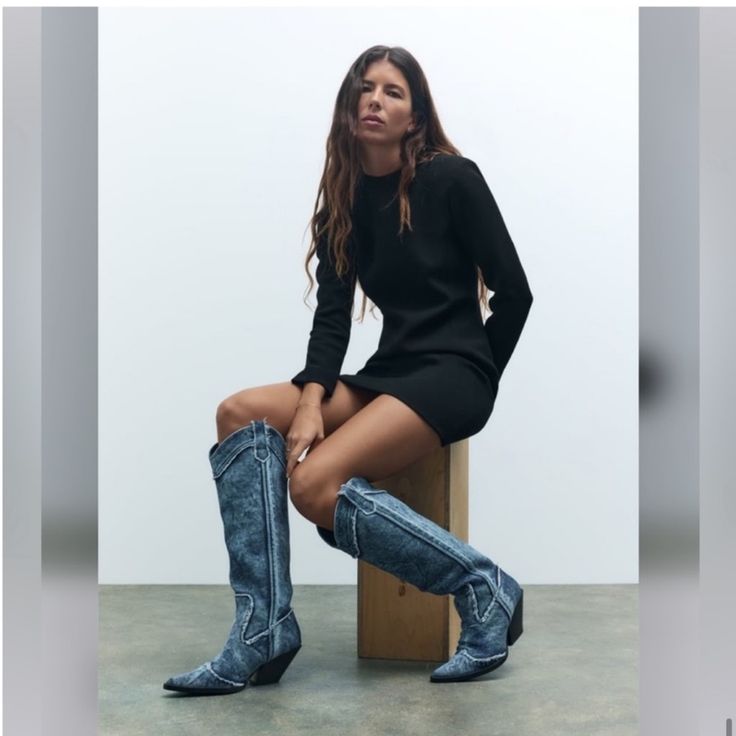 New With Tag Blogger Favorite Denim Fabric Cowboy Boots. Frayed Seams. Pointed Toe. Side Pull Tabs. Heel Height: 3 Inches (7.5 Cm) Tag Size Eu36/Us6.5 Tag Size Eu38/Us8 Blue 3051/210 Upper 100% Cotton Lining 80% Polyester 20% Cotton Sole 100% Sbs Insole 100% Polyester S280 Blue Western Boots Outfit, Trendy Denim Knee-high Boots, Trendy Knee-high Denim Boots, Spring Denim Knee-high Boots, Denim Knee-high Boots For Spring, Denim Blue Winter Boots, Spring Knee-high Denim Boots, Spring Denim Blue Denim Boots, Casual Denim Blue Boots For Winter