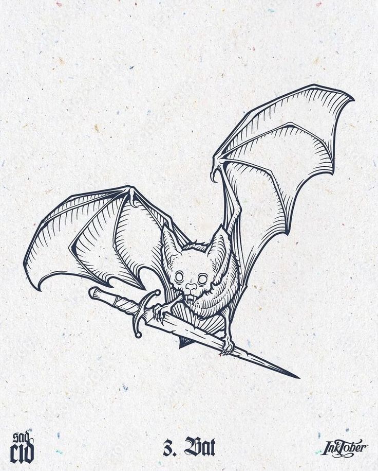 a black and white drawing of a bat