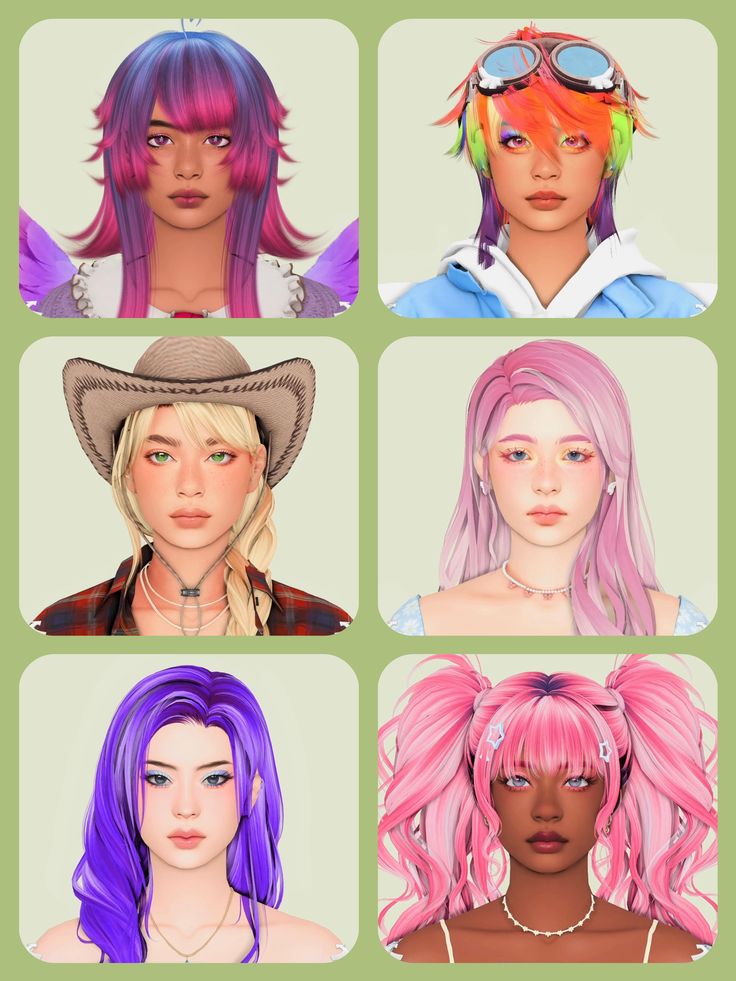 six different colored hair styles for females with long bangs and pink, purple, blue, green