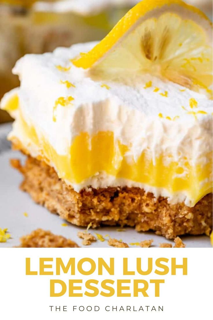 lemon lush dessert on a plate with the title overlay