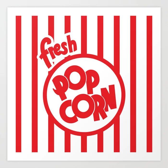 a red and white striped poster with the words fresh pop corn on it's side