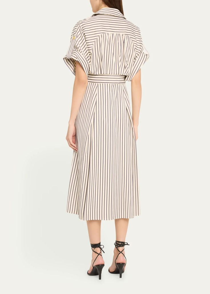 Carolina Herrera Striped Belted Shirtdress with Gold-Tone Buttons - Bergdorf Goodman Summer Evening Knee-length Shirt Dress, Knee-length Shirt Dress For Summer Evenings, Elegant Striped Shirt Dress For Daywear, Summer Evening Shirt Dress, Elegant Striped Cotton Midi Dress, Elegant Striped Midi Dress For Daywear, Chic Striped Knee-length Shirt Dress, Elegant Striped Cotton Dress, Chic Summer Evening Shirt Dress