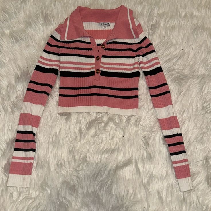 New Without Tags! Never Worn Only Tried On Fashion Nova Black, White, And Pink Striped Collared Button Up Long Sleeve Crop Top. Cute Egirl Style Very Stretchy Material Size Small This Color Is Sold Out Online Chic Pink Tops With Buttons, Chic Pink Top With Button Closure, Chic Pink Tops With Button Closure, Pink Fall Top With Button Closure, Fall Pink Top With Button Closure, Pink Button Closure Top For Fall, Pink Tops With Button Closure For Day Out, Trendy Pink Button-up Top, Trendy Pink Buttoned Tops