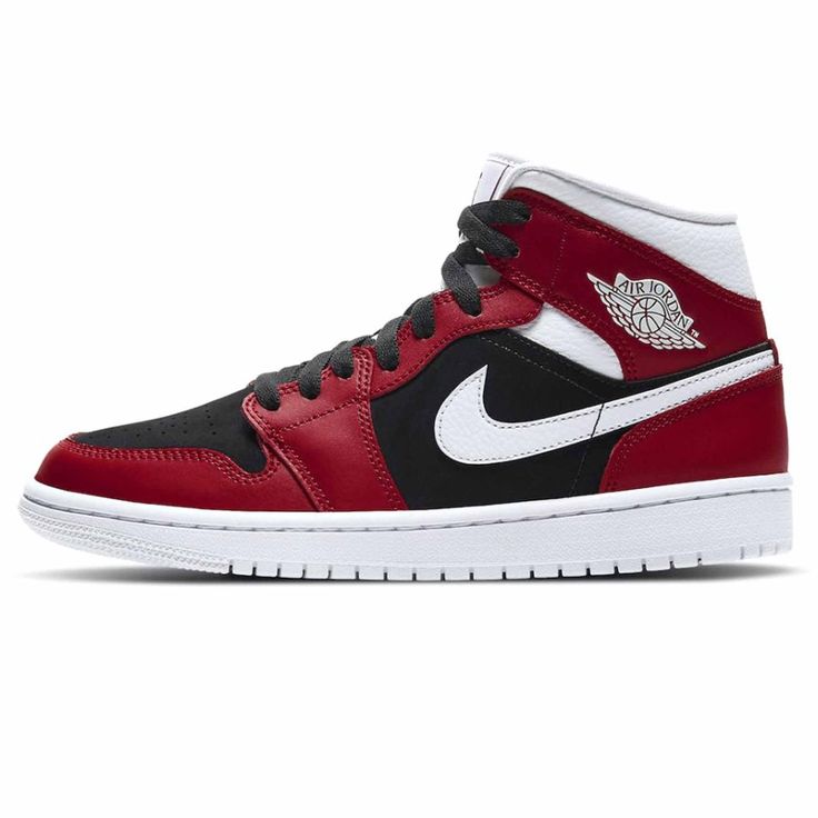 The Air Jordan 1 Mid brings full-court style and premium comfort to an iconic look. Its Air-Sole unit cushions play on the hardwood, while the padded collar gives you a supportive feel. Seen here is a Gym Red overlay in smooth leather, while the white Swoosh and ankle underlay adds contrast with a tumbled finish. Finally, the black toe and mid-panel change things up with a synthetic suede finish. Jordan Brand could’ve opted for a black or red outsole, but the tonal white with the midsole adds a Womens Air Jordan 1, Logo Wings, Womens Air Jordan, Nike X Travis Scott, Low Air Jordan 1, Jordan Model, Black Jordans, Converse Run Star, Jordan 8